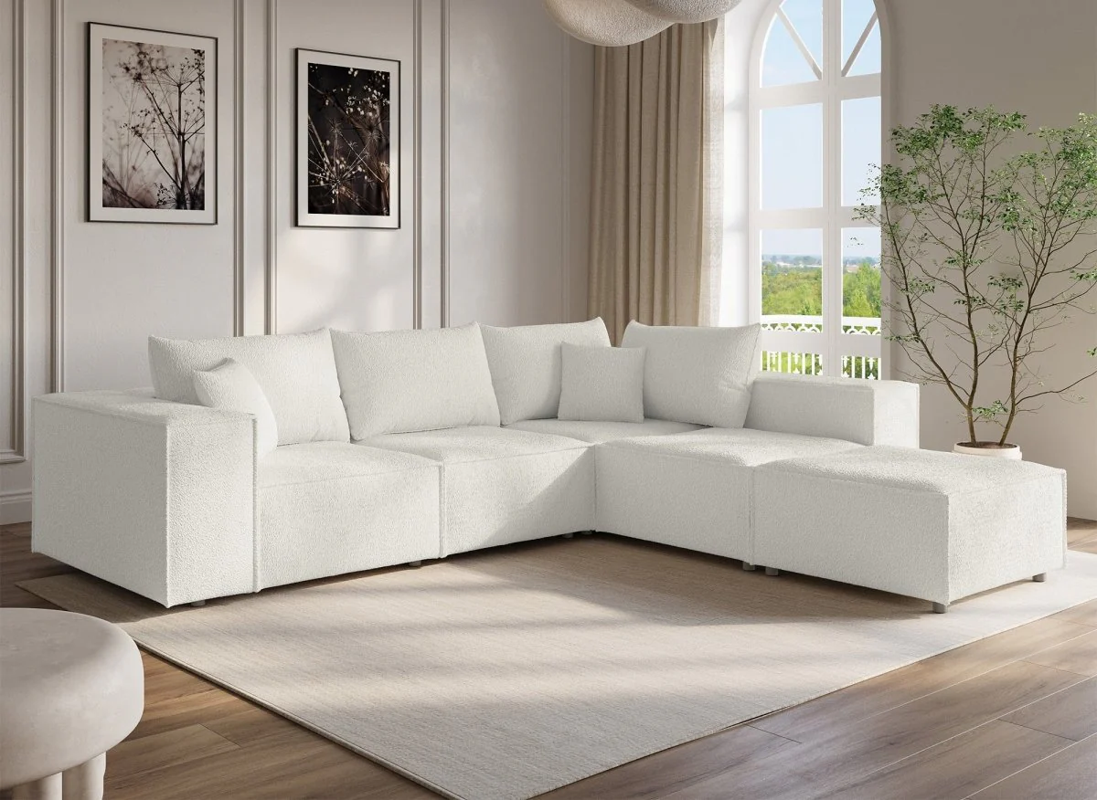Canapé d'angle fixe modulable avec 1 pouf en tissu effet peau de mouton blanc écru HARLEM XL - Image 3