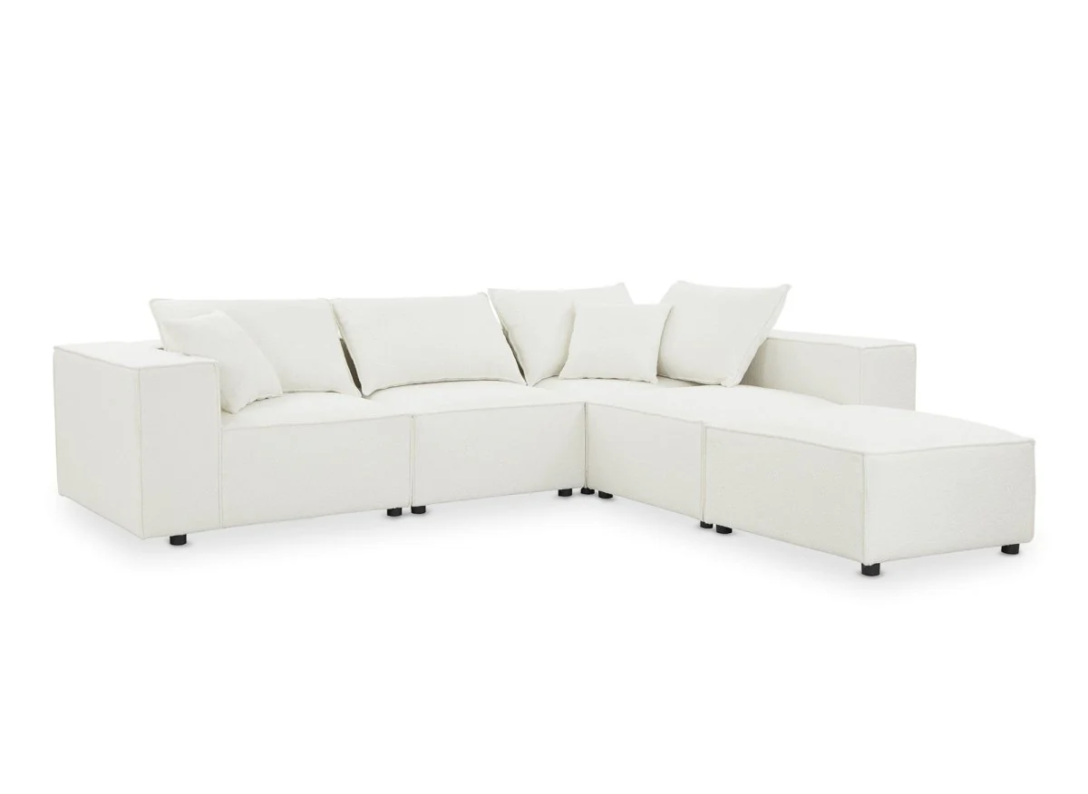 Canapé d'angle fixe modulable avec 1 pouf en tissu effet peau de mouton blanc écru HARLEM XL - Image 4