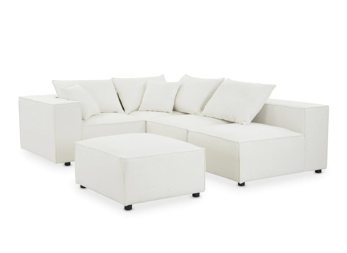 Canapé d'angle fixe modulable avec 1 pouf en tissu effet peau de mouton blanc écru HARLEM XL - Image 5