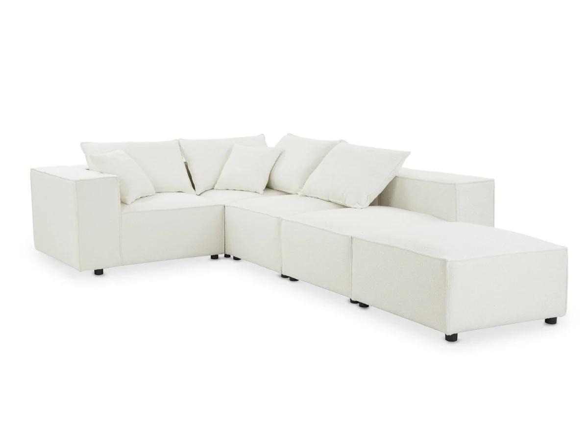Canapé d'angle fixe modulable avec 1 pouf en tissu effet peau de mouton blanc écru HARLEM XL - Image 6