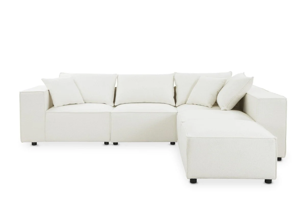 Canapé d'angle fixe modulable avec 1 pouf en tissu effet peau de mouton blanc écru HARLEM XL - Image 7