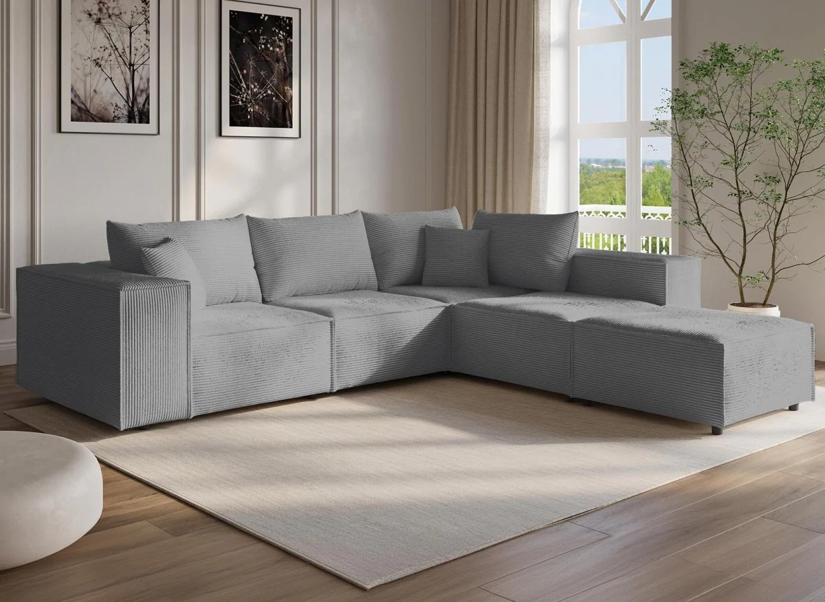 Canapé d'angle modulable avec 1 pouf en velours côtelé épais gris HARLEM XL - Image 3