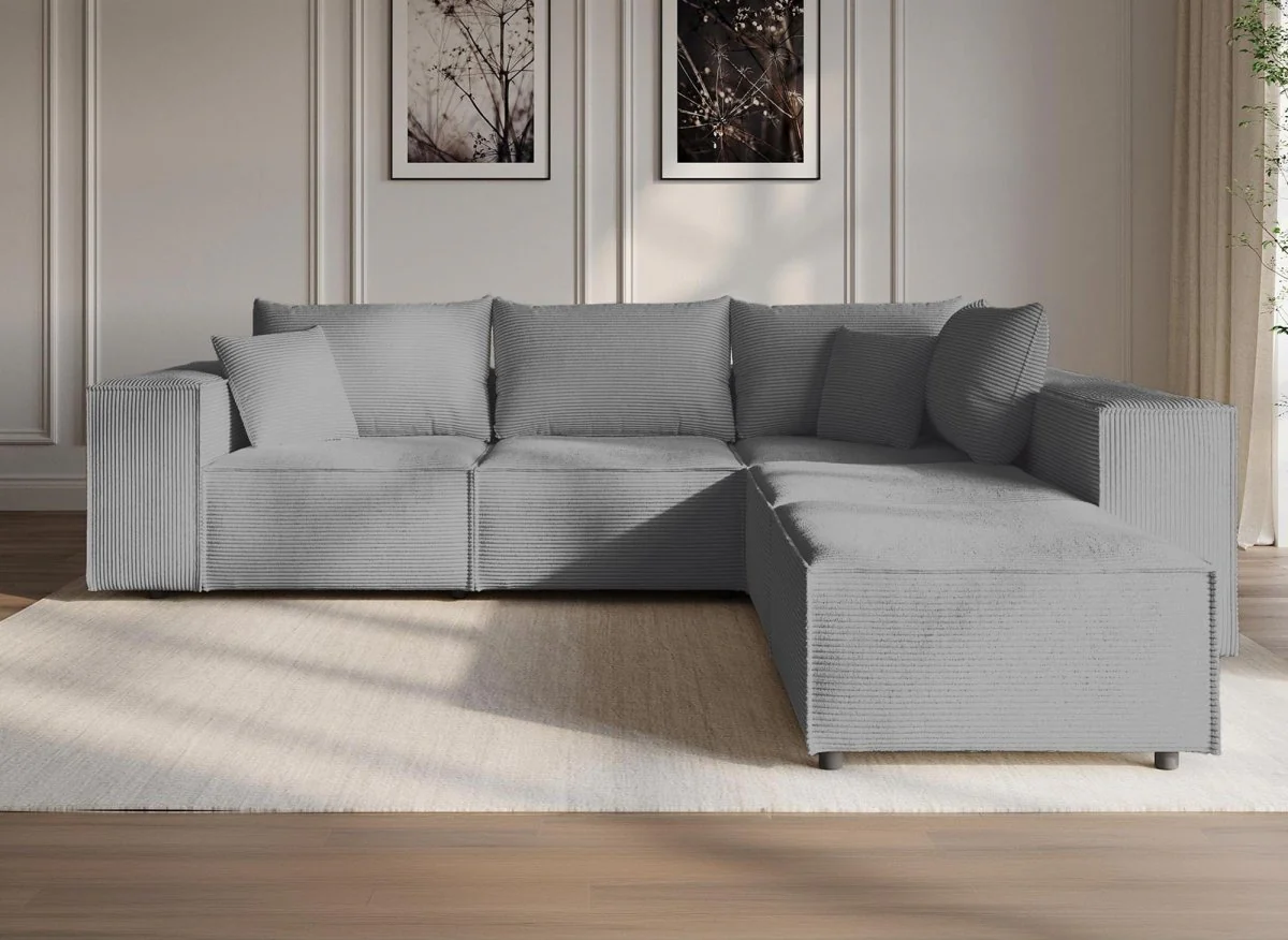 Canapé d'angle modulable avec 1 pouf en velours côtelé épais gris HARLEM XL - Image 4