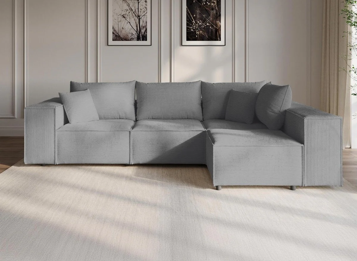Canapé d'angle modulable avec 1 pouf en velours côtelé épais gris HARLEM XL - Image 5