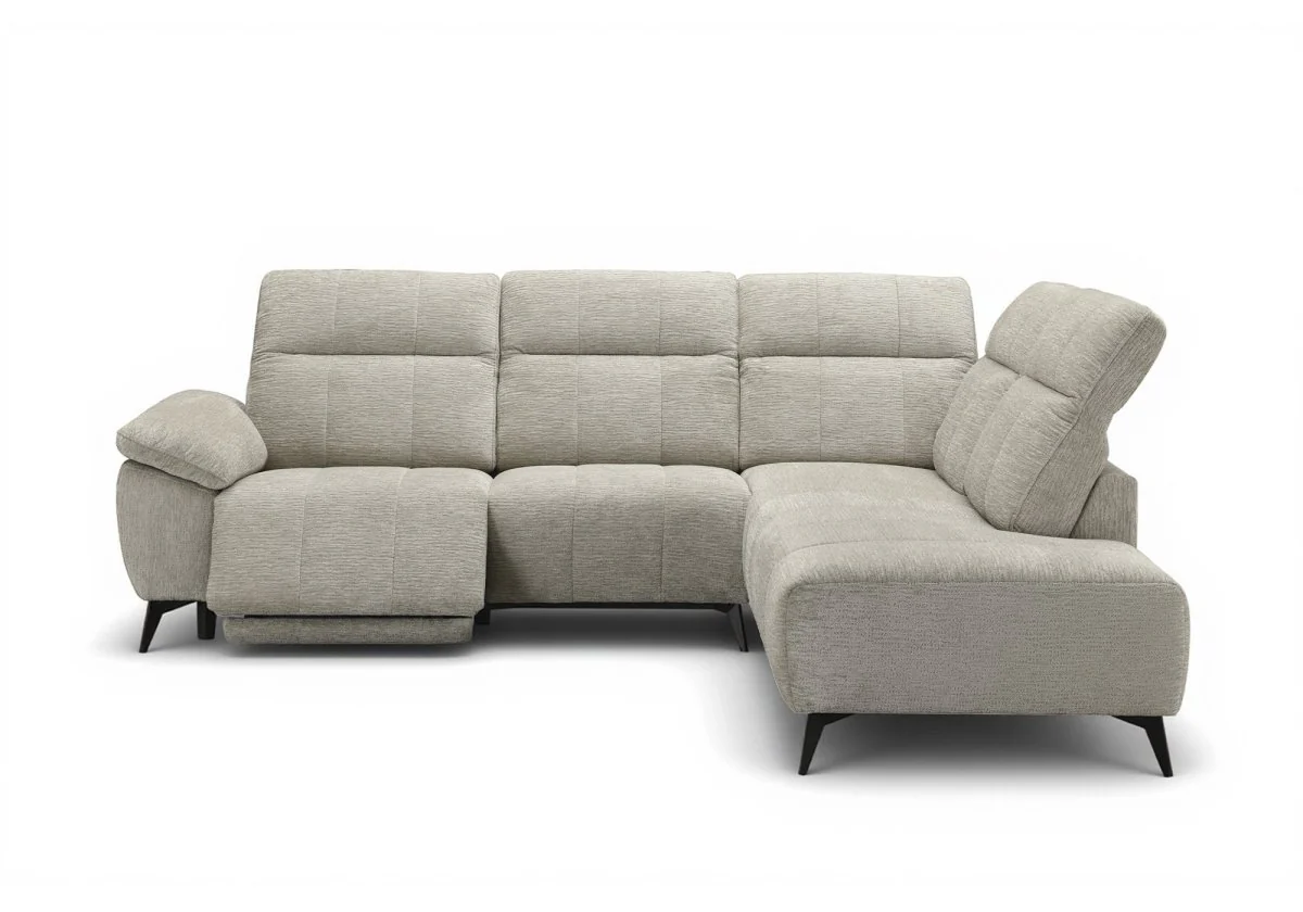 Canapé d'angle relax électrique en velours chiné beige SOLINA - Angle droit - Image 3