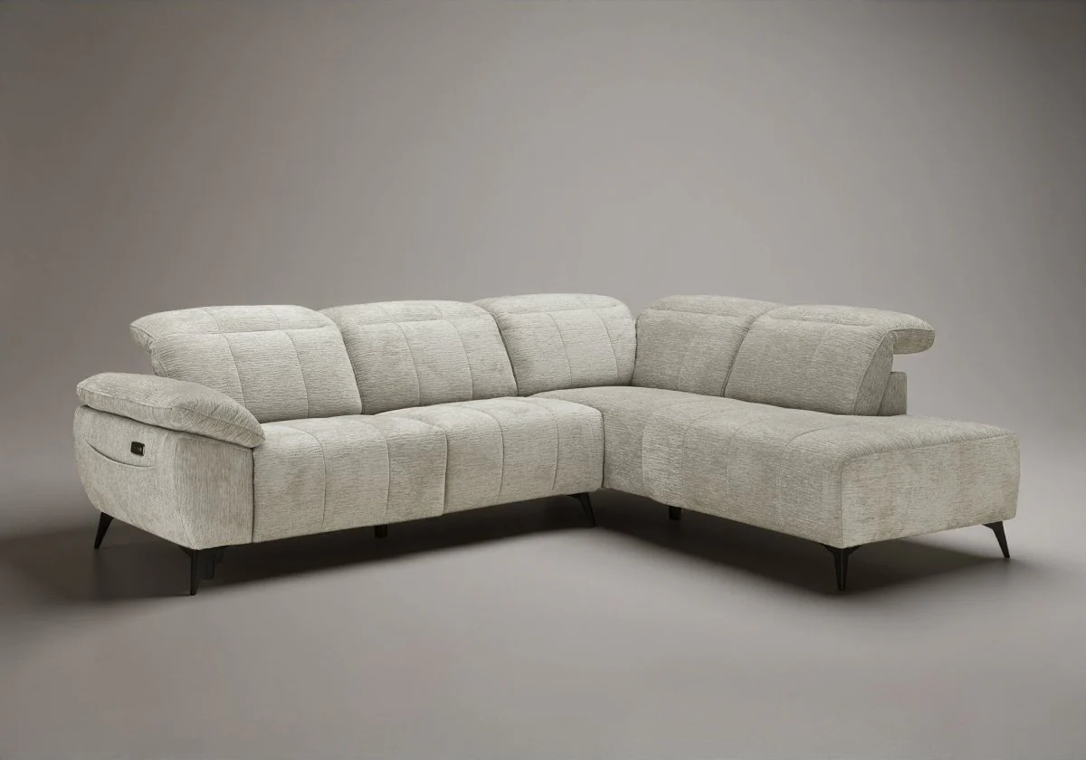 Canapé d'angle relax électrique en velours chiné beige SOLINA - Angle droit - Image 4