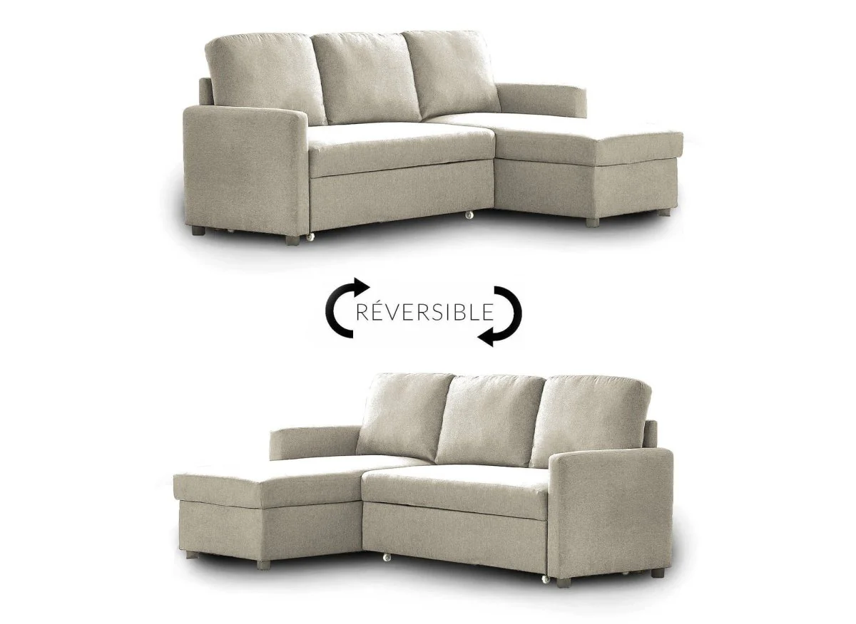 Canapé d'angle réversible convertible coffre de rangement en tissu beige ADAM - Image 2