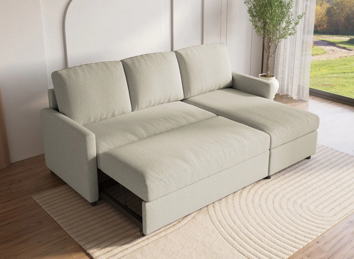 Canapé d'angle réversible convertible coffre de rangement en tissu beige ADAM - Image 4