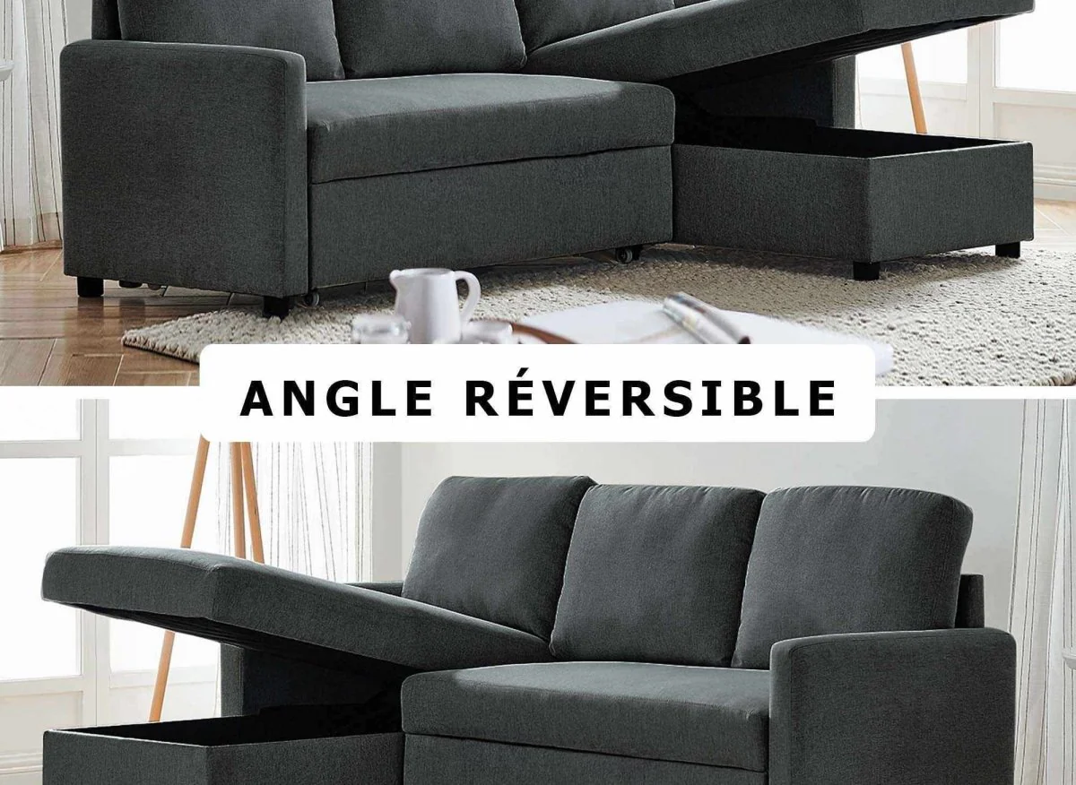 Canapé d'angle réversible convertible coffre de rangement en tissu gris anthracite ADAM - Image 7