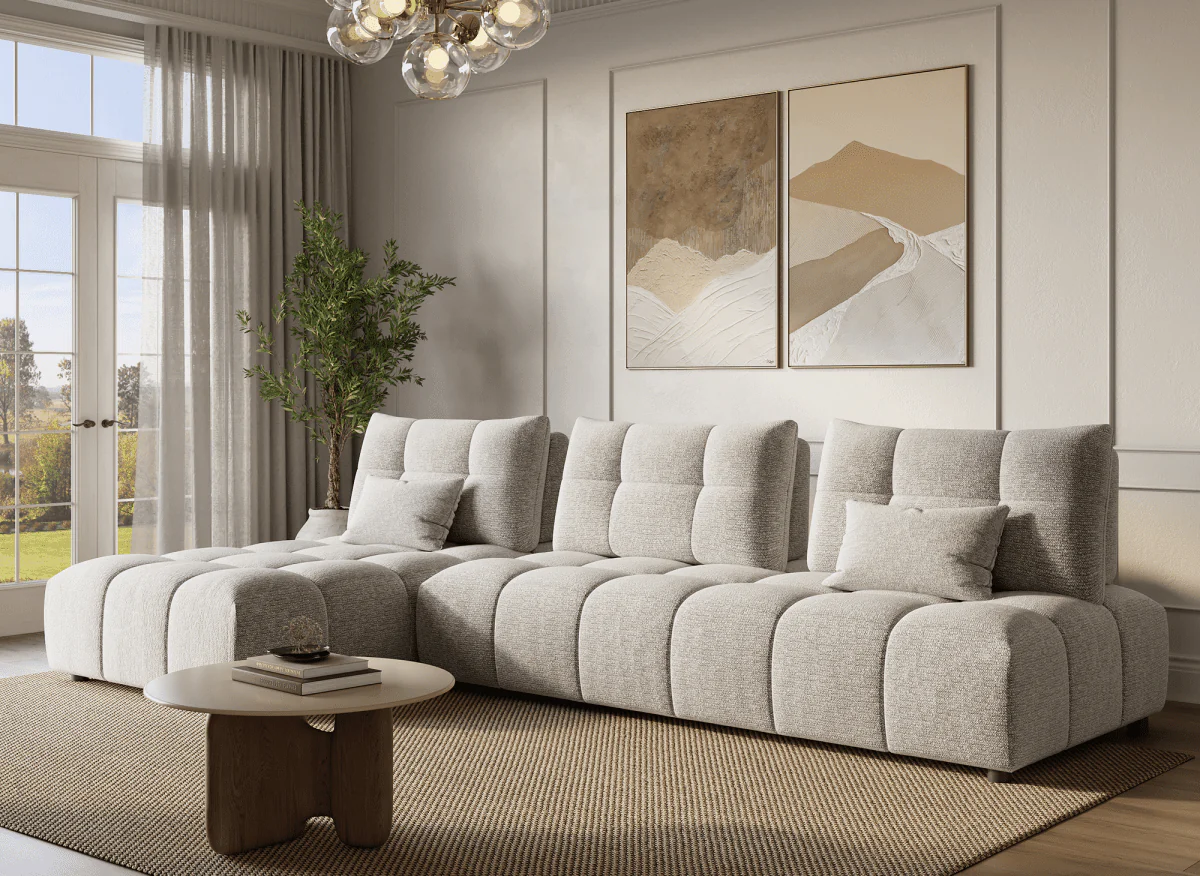 Canapé d'angle réversible en velours texturé beige ALANA - Image 2