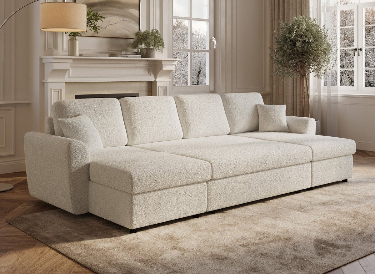 Canapé panoramique convertible avec coffres en tissu bouclette beige ADRYEN - Image 3