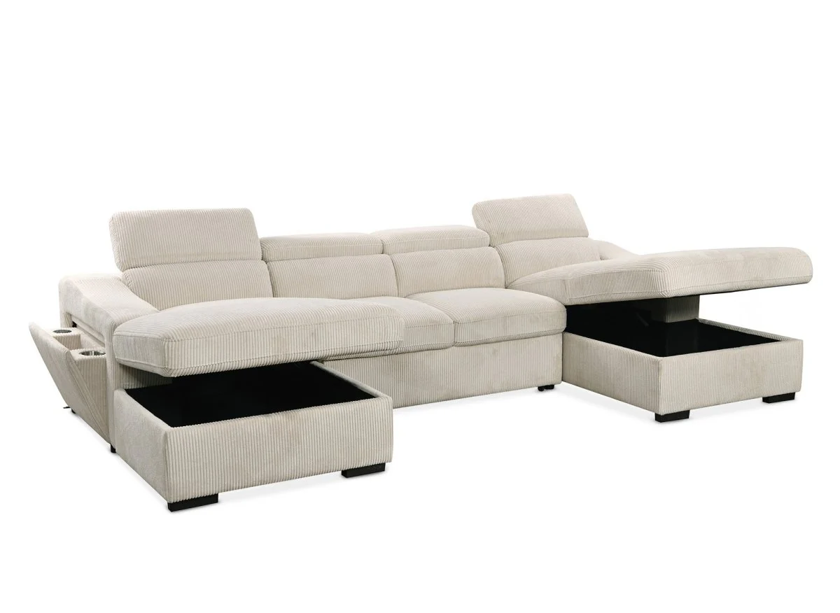 Canapé panoramique convertible avec 2 coffres en velours côtelé épais beige VELORA - Image 6