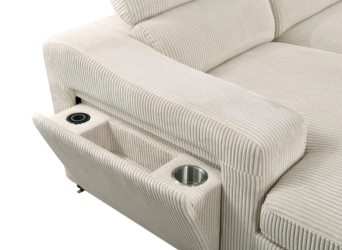 Canapé panoramique convertible avec 2 coffres en velours côtelé épais beige VELORA - Image 9