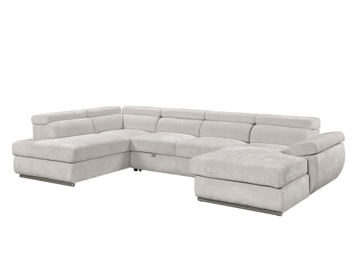 Canapé panoramique convertible avec coffre en velours chiné beige MARIANO- Angle droit - Image 3