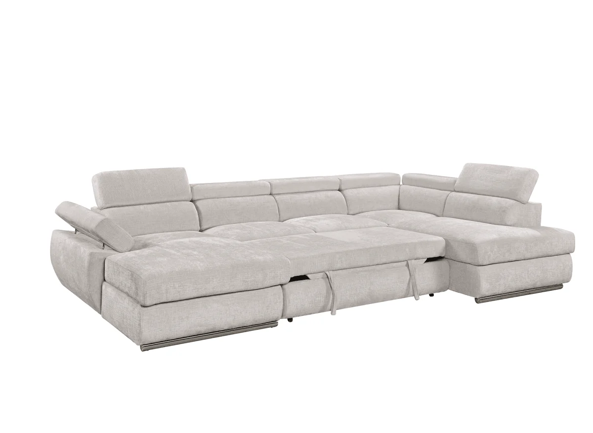 Canapé panoramique convertible avec coffre en velours chiné beige MARIANO- Angle gauche - Image 4