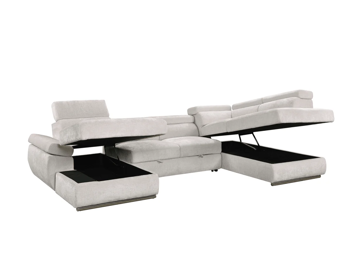 Canapé panoramique convertible avec coffre en velours chiné beige MARIANO- Angle gauche - Image 5