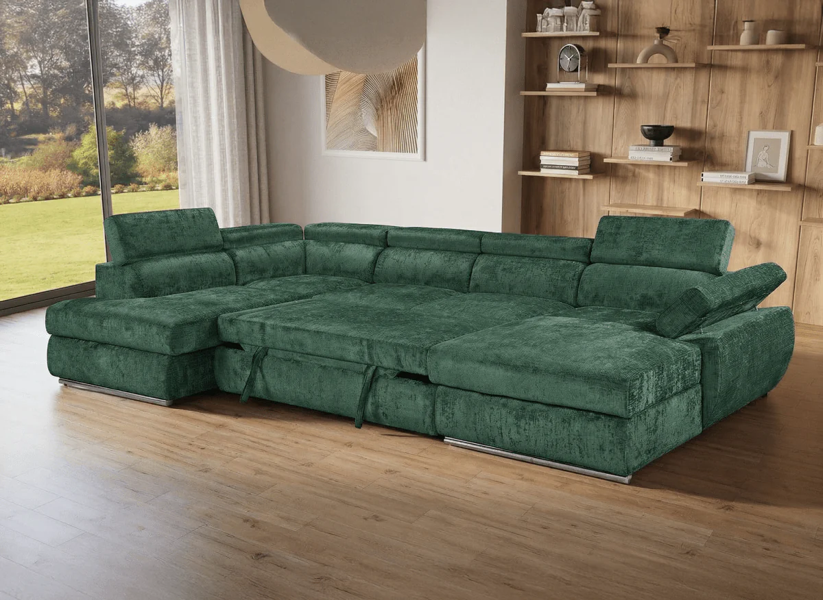 Canapé panoramique convertible avec coffre en velours chiné vert olive MARIANO- Angle droit - Image 2