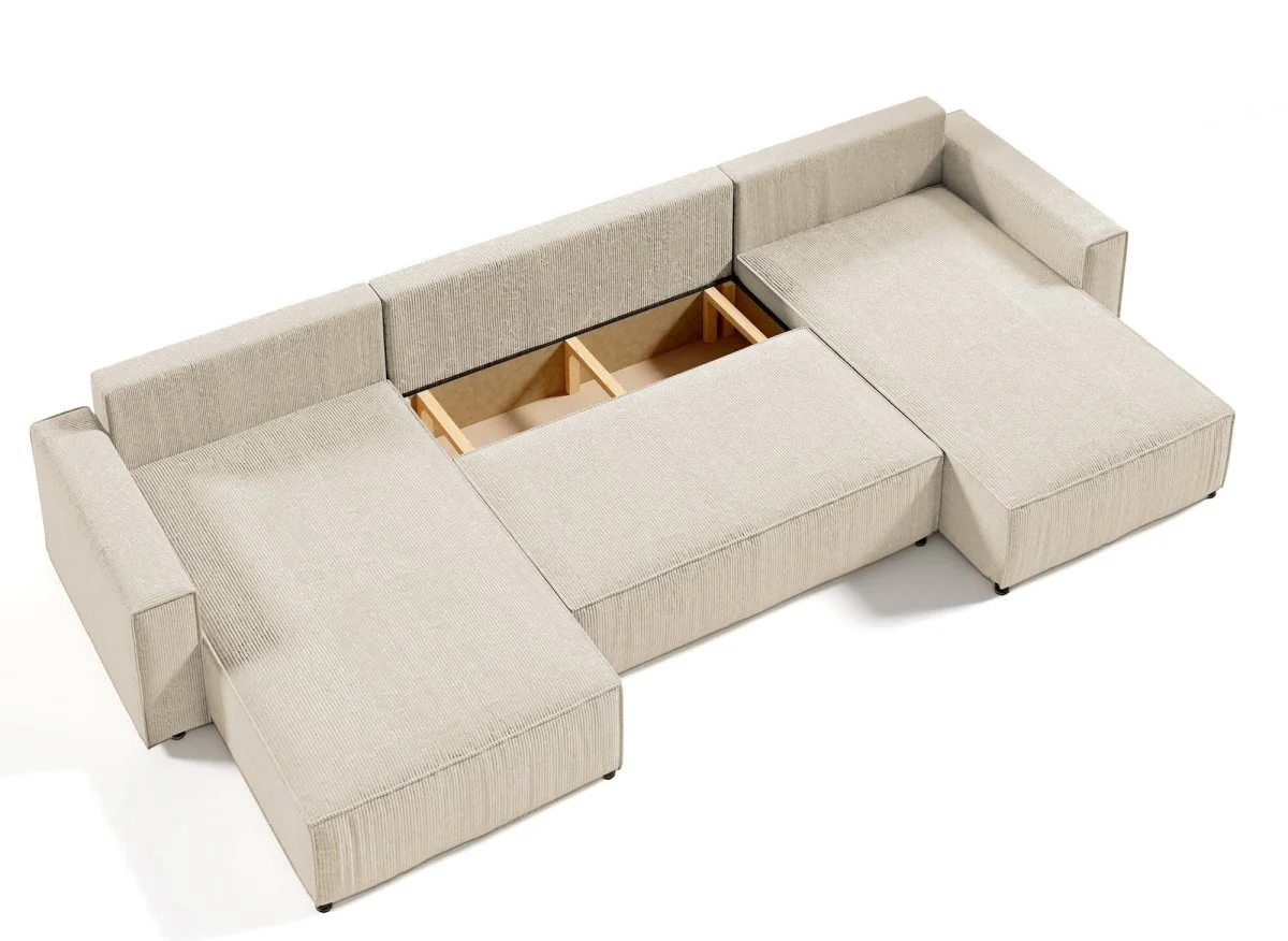 Canapé panoramique convertible avec coffre en velours côtelé beige - JADE - Image 6