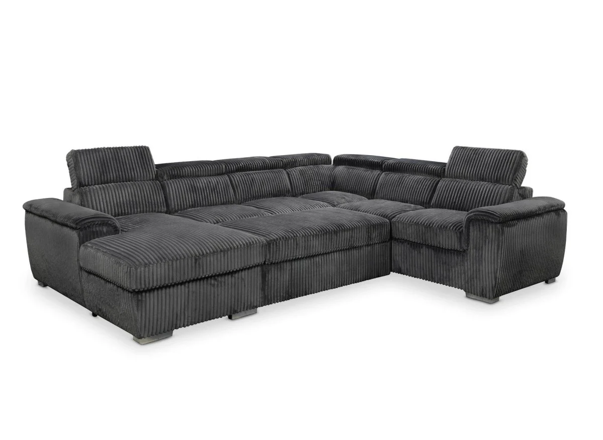 Canapé panoramique convertible avec coffre en velours côtelé épais gris GAELLE - Angle Gauche - Image 6