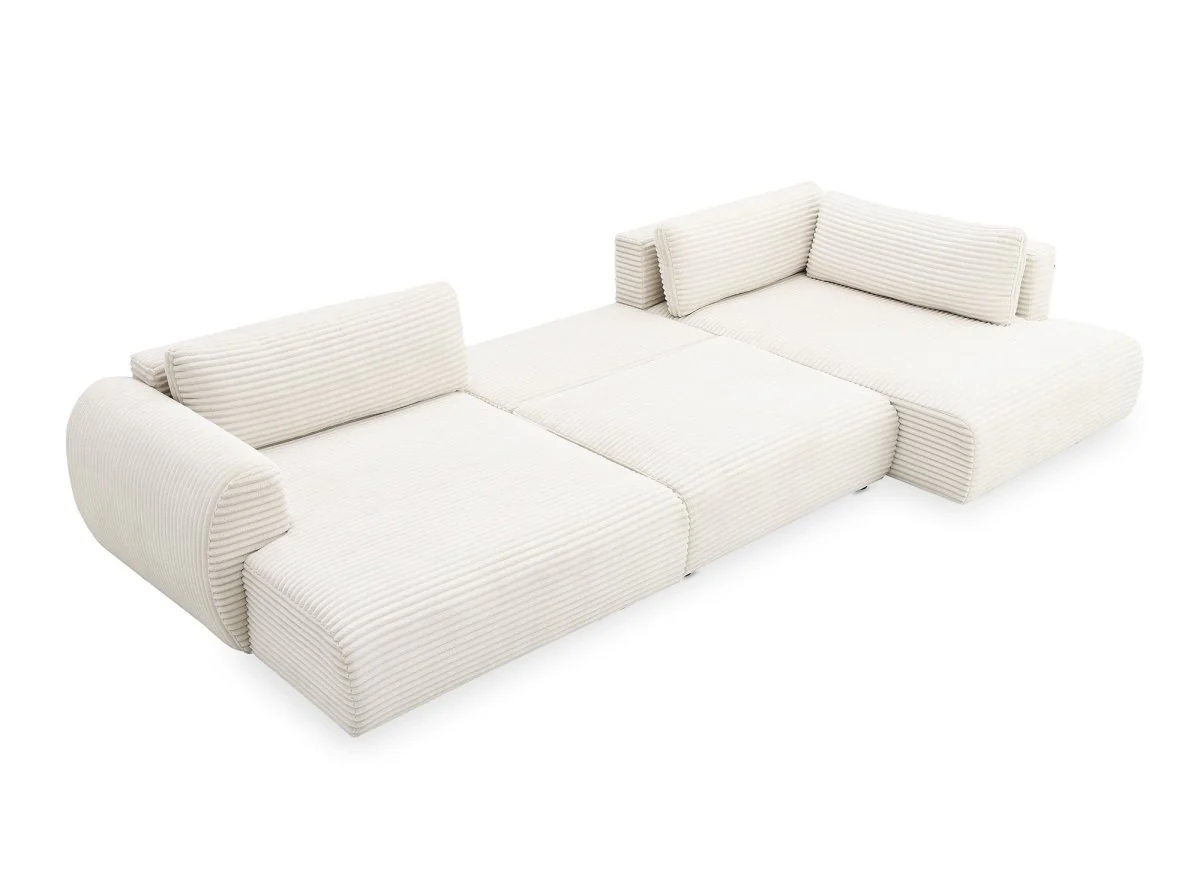 Canapé panoramique convertible avec coffre en velours gros côtelé beige TILDA - Angle droit - Image 5