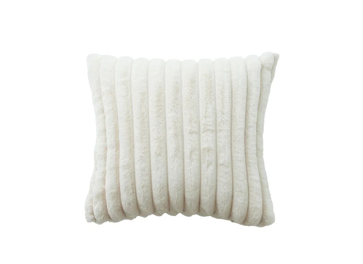 Coussin carré en velours côtelé effet fourrure beige 45x45 cm URBAIN - Image 2