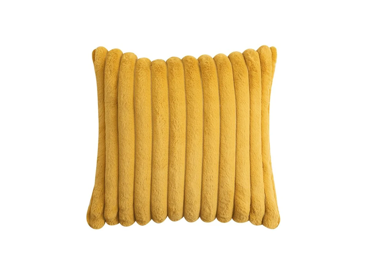 Coussin carré en velours côtelé effet fourrure moutarde 45x45 cm URBAIN - Image 2