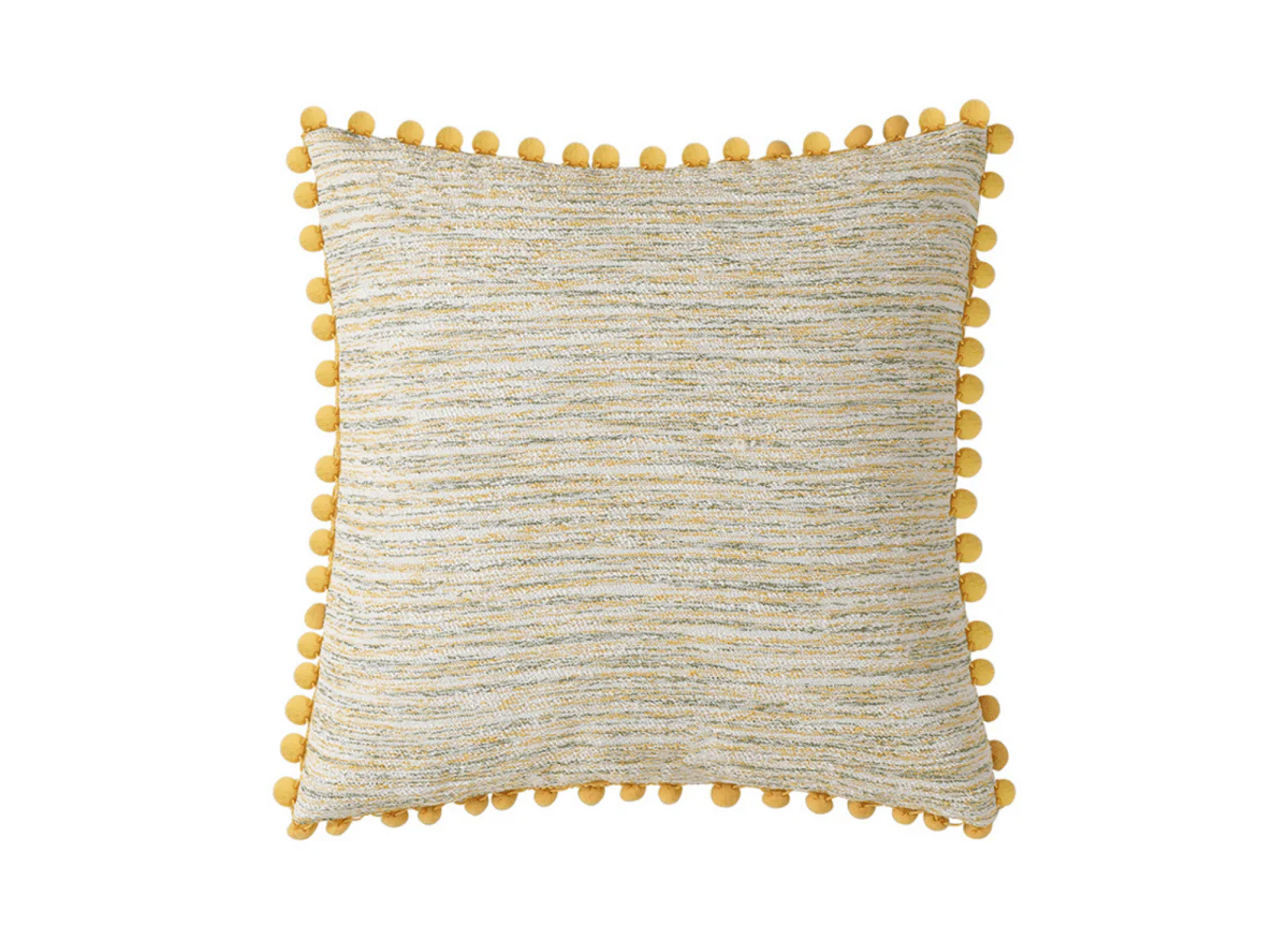 Coussin jaune et beige en tweed avec ponpons 45x45 cm POPINE - Image 4