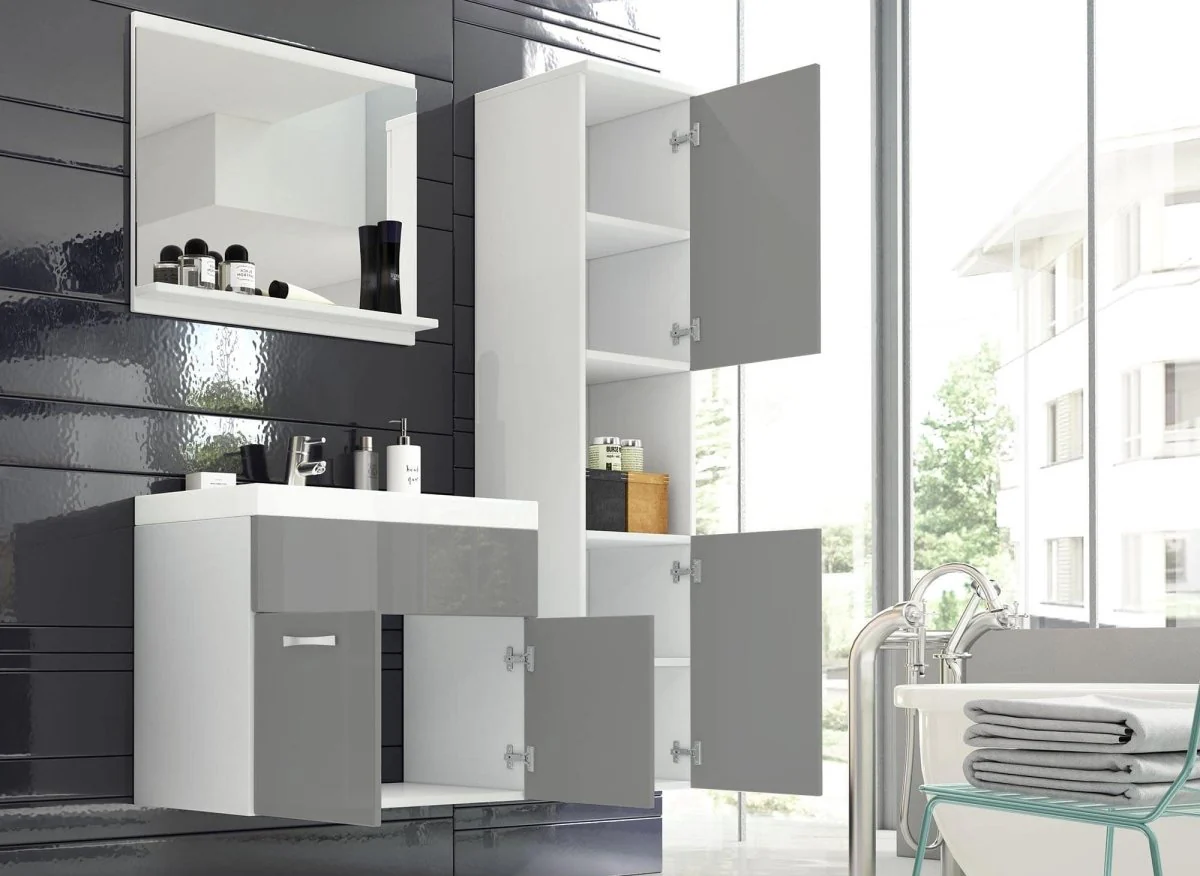 Ensemble meubles salle de bain design suspendu - Blanc et gris laqué HARMONY - Image 2