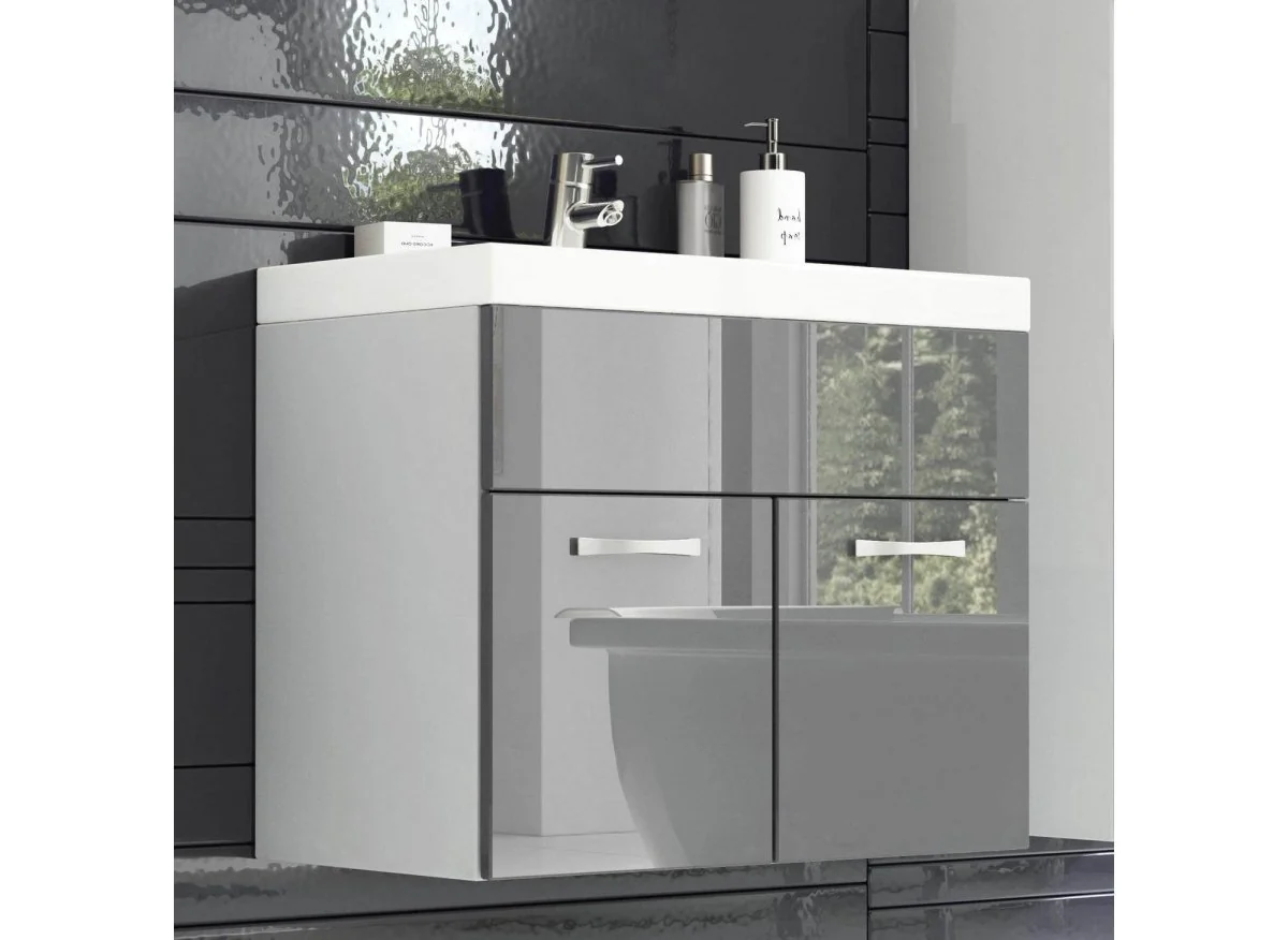 Ensemble meubles salle de bain design suspendu - Blanc et gris laqué HARMONY - Image 3