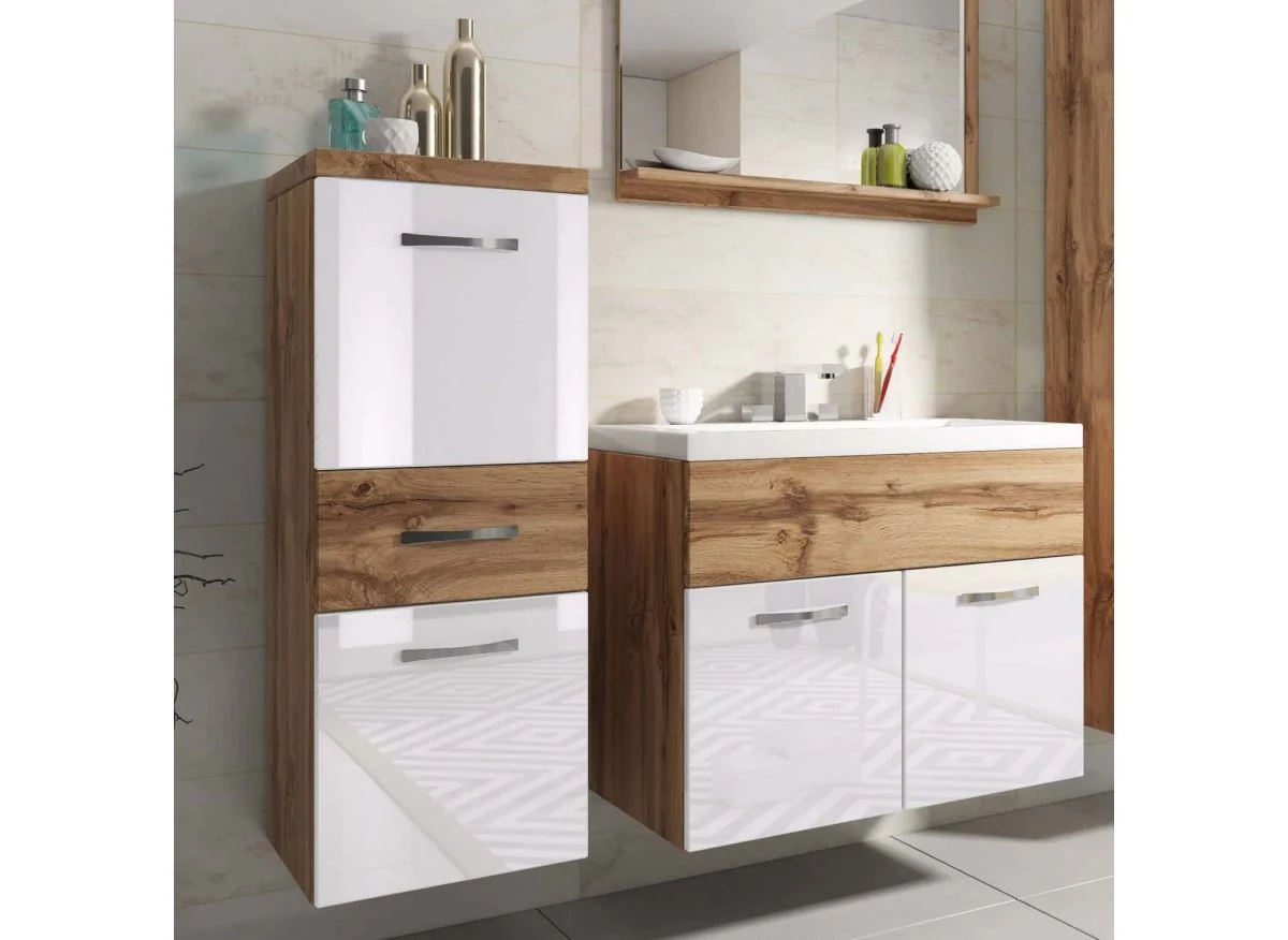 Ensemble meubles salle de bain suspendu - Bois effet vieilli et blanc SHELBY - Image 3