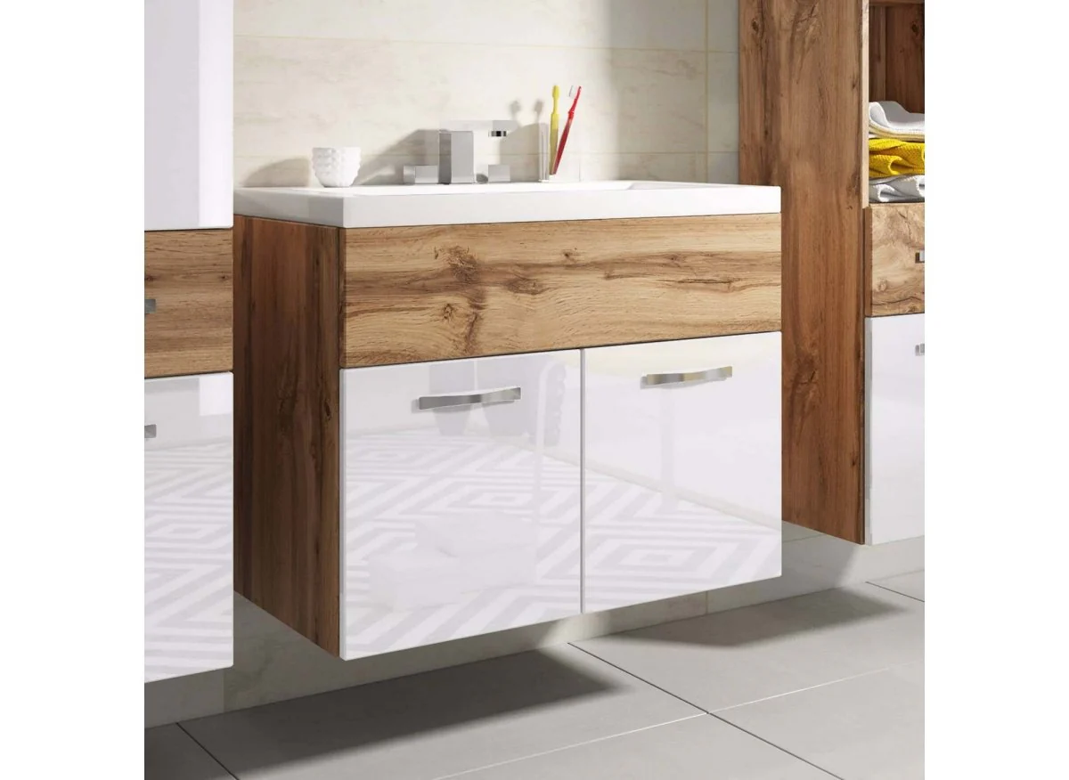 Ensemble meubles salle de bain suspendu - Bois effet vieilli et blanc SHELBY - Image 4