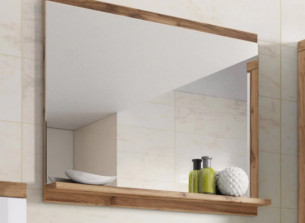 Ensemble meubles salle de bain suspendu - Bois effet vieilli et blanc SHELBY - Image 5