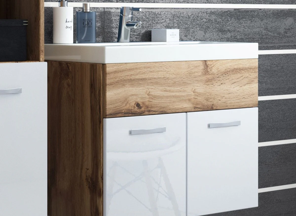 Ensemble meubles salle de bain suspendu - Bois et blanc HARMONY - Image 2