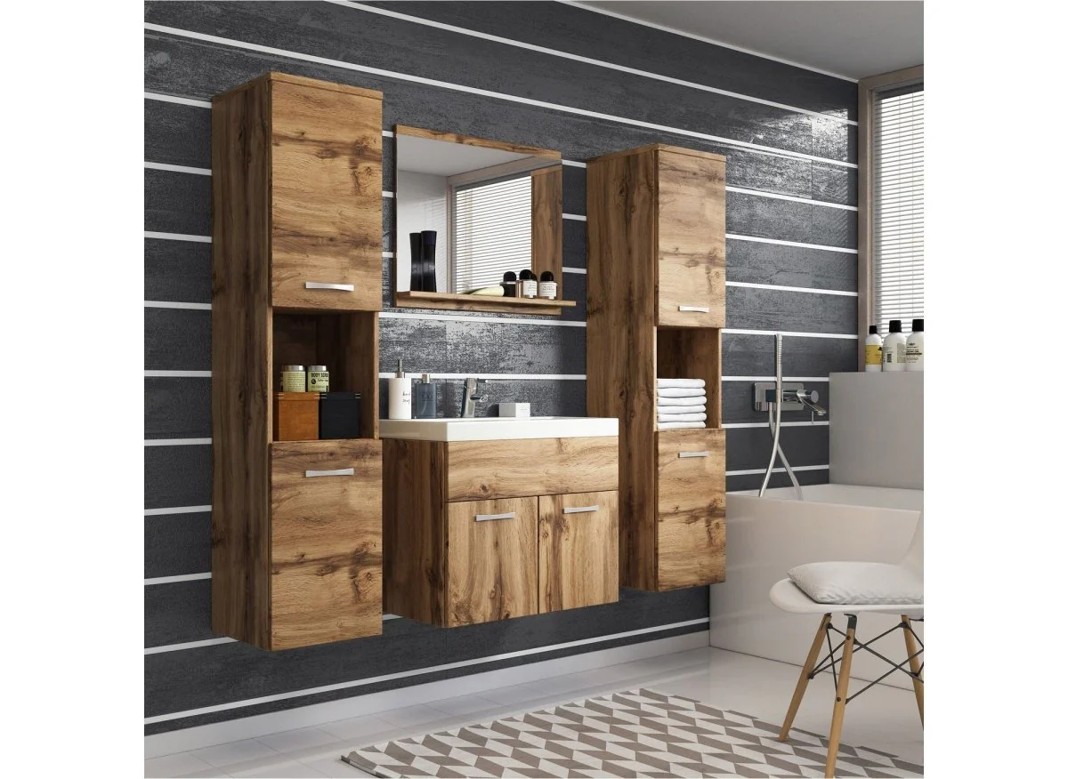 Ensemble meubles salle de bain suspendu XL - Bois effet vieilli HARMONY - Image 4
