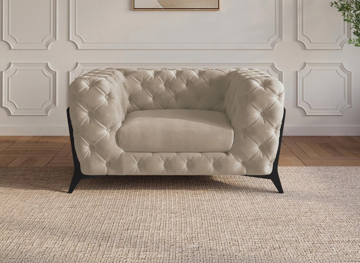 Fauteuil capitonné chesterfield velours beige CARMEN - Image 2