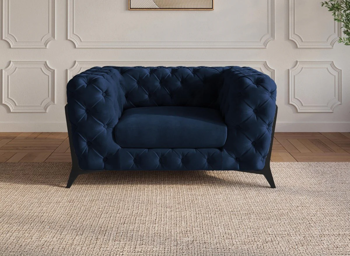 Fauteuil capitonné chesterfield velours bleu CARMEN - Image 2