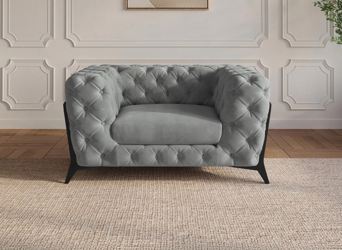Fauteuil capitonné chesterfield velours gris CARMEN - Image 2