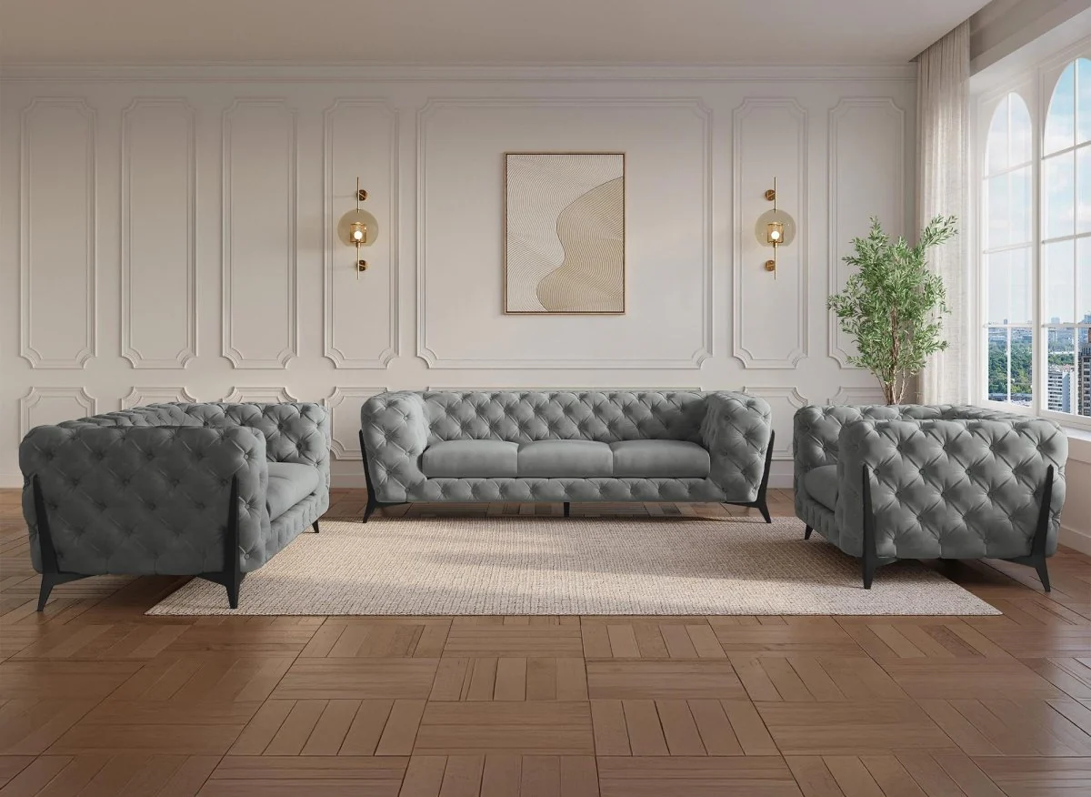 Fauteuil capitonné chesterfield velours gris CARMEN - Image 3
