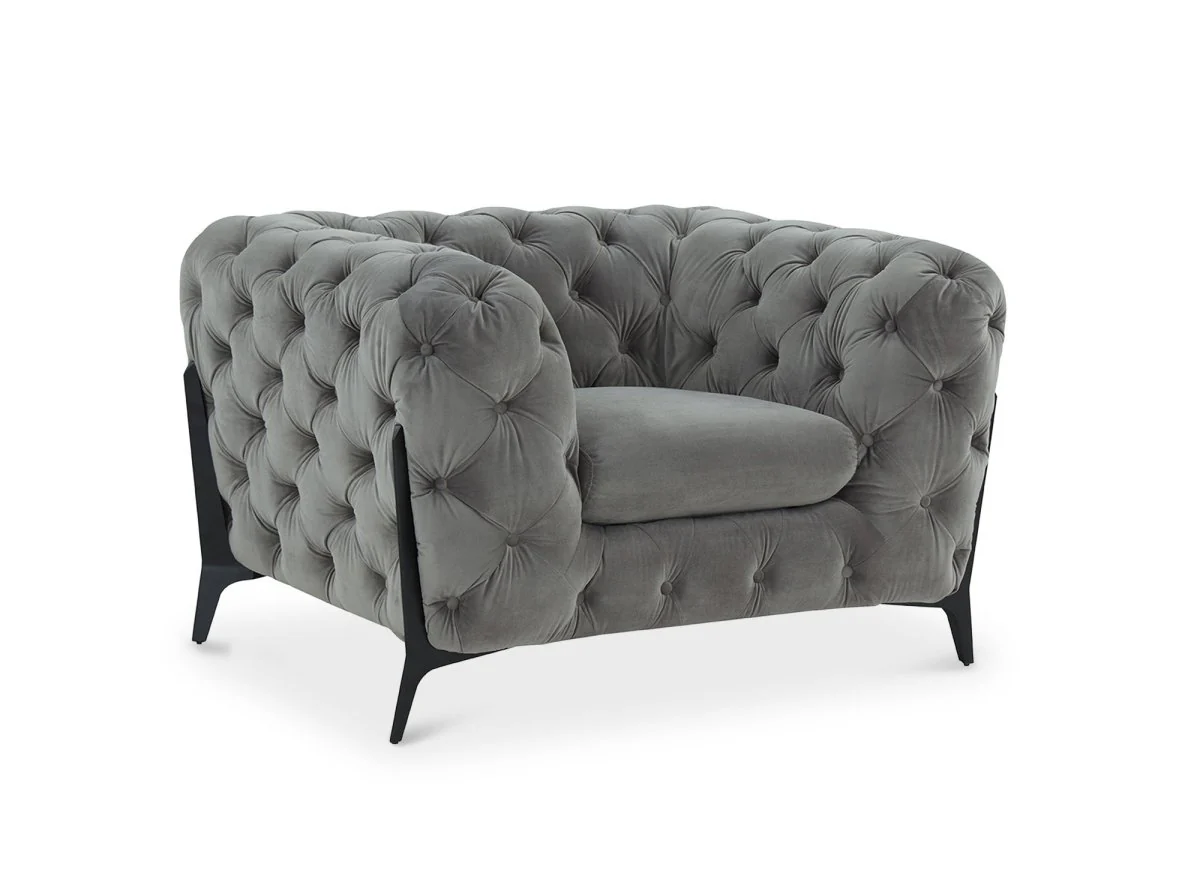 Fauteuil capitonné chesterfield velours gris CARMEN - Image 4