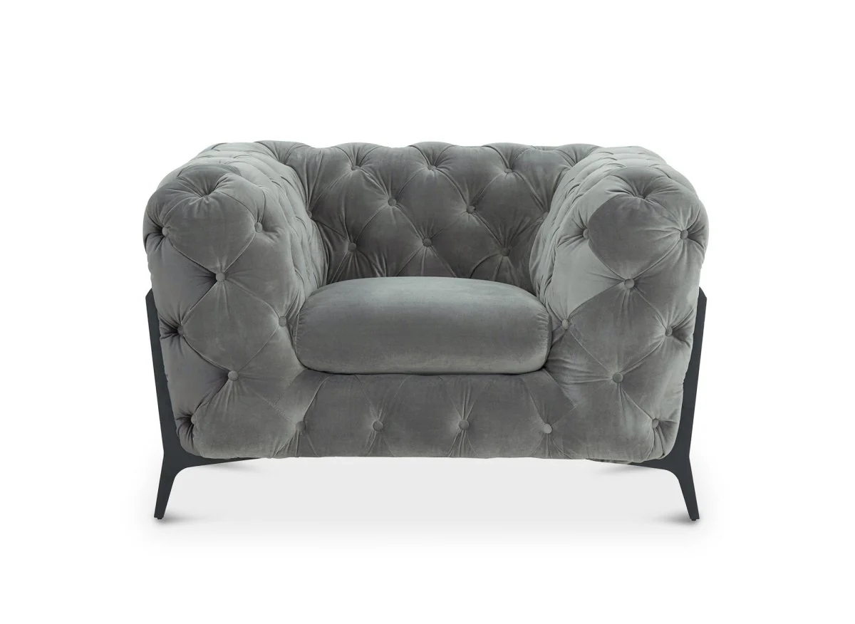Fauteuil capitonné chesterfield velours gris CARMEN - Image 5
