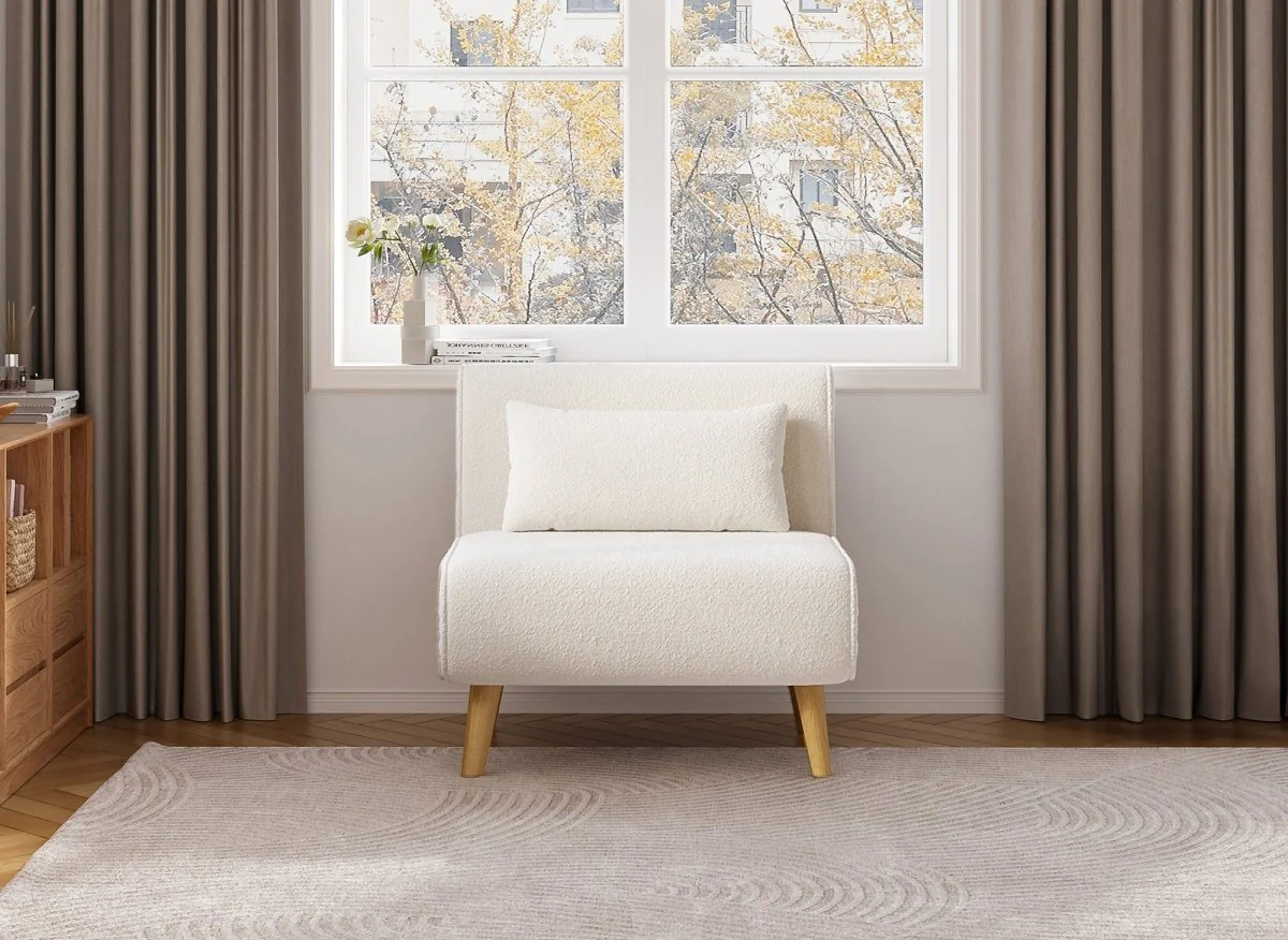 Fauteuil convertible en tissu effet peau de mouton blanc écru TONKA - Image 3