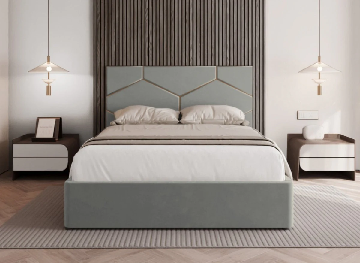 Lit coffre avec tête de lit design en velours gris LARA 180 x 200 cm - Image 3