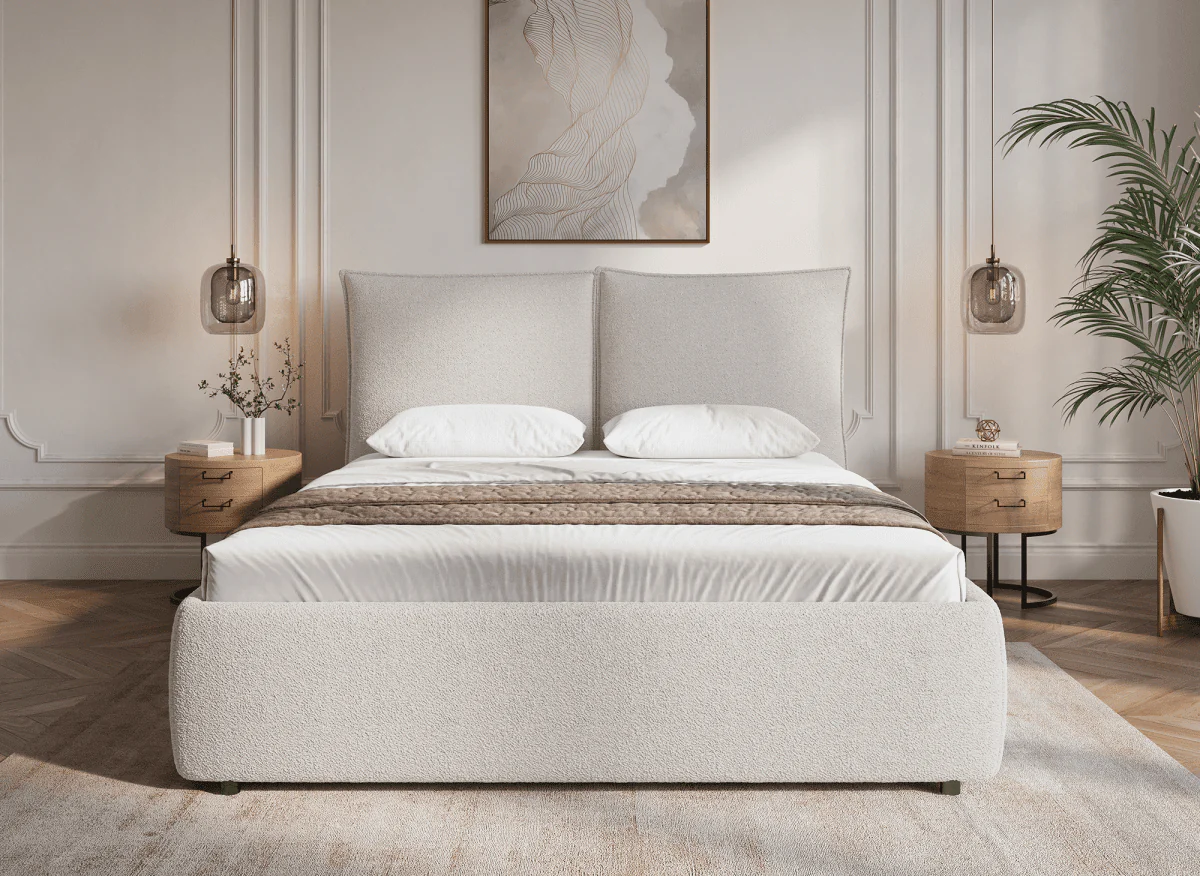 Lit coffre en tissu bouclette beige 160x200 cm MELY - Image 3