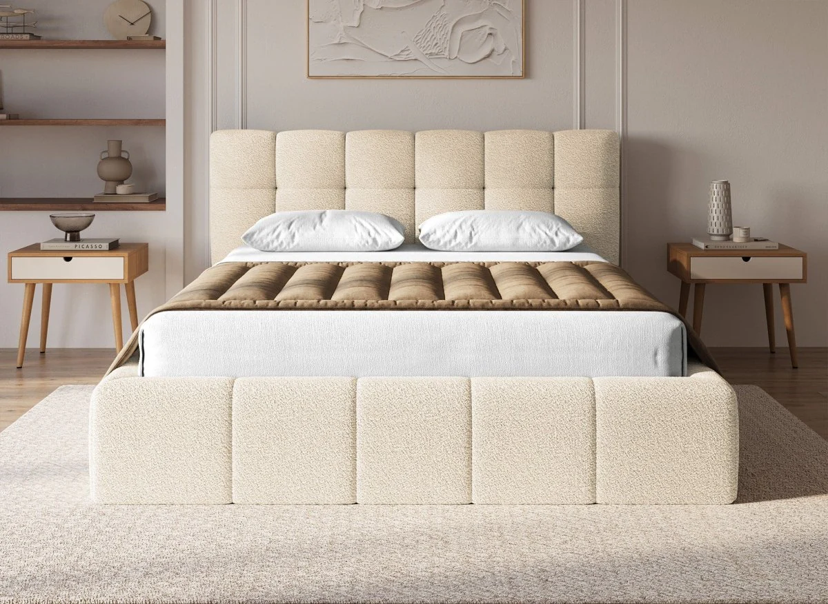 Lit coffre en tissu bouclette beige 160x200 cm MILIE - Image 3