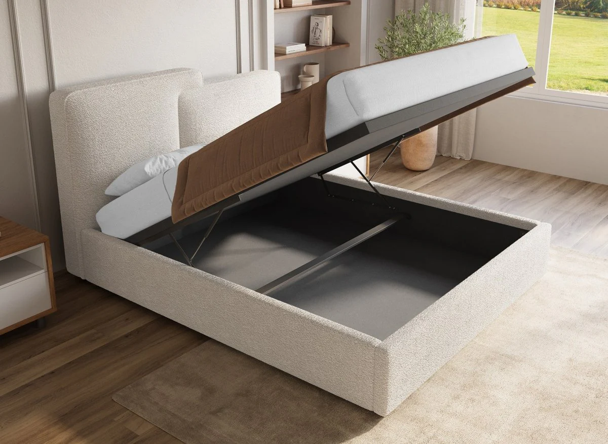 Lit coffre en tissu bouclette beige 160x200 cm ZELIA - Image 2