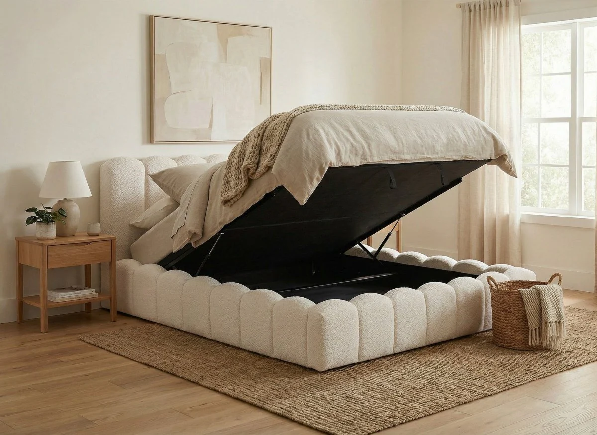 Lit coffre en tissu bouclette beige 180x200 cm RITA - Image 2