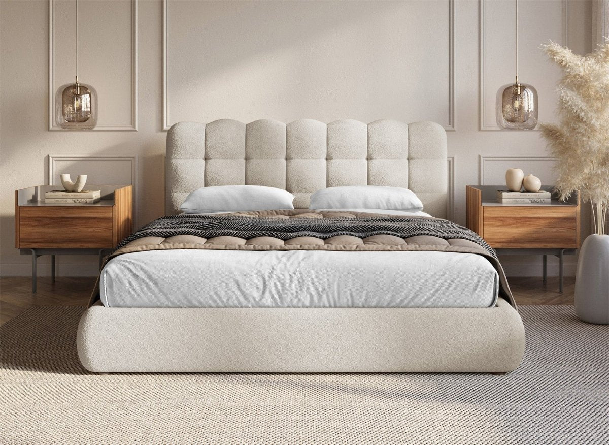 Lit coffre en tissu bouclette beige 180x200 cm BISCUIT - Image 3