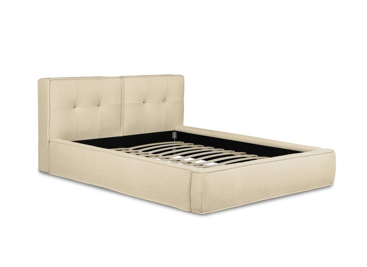 Lit double en tissu bouclette beige 180x200cm YUNA - Image 3