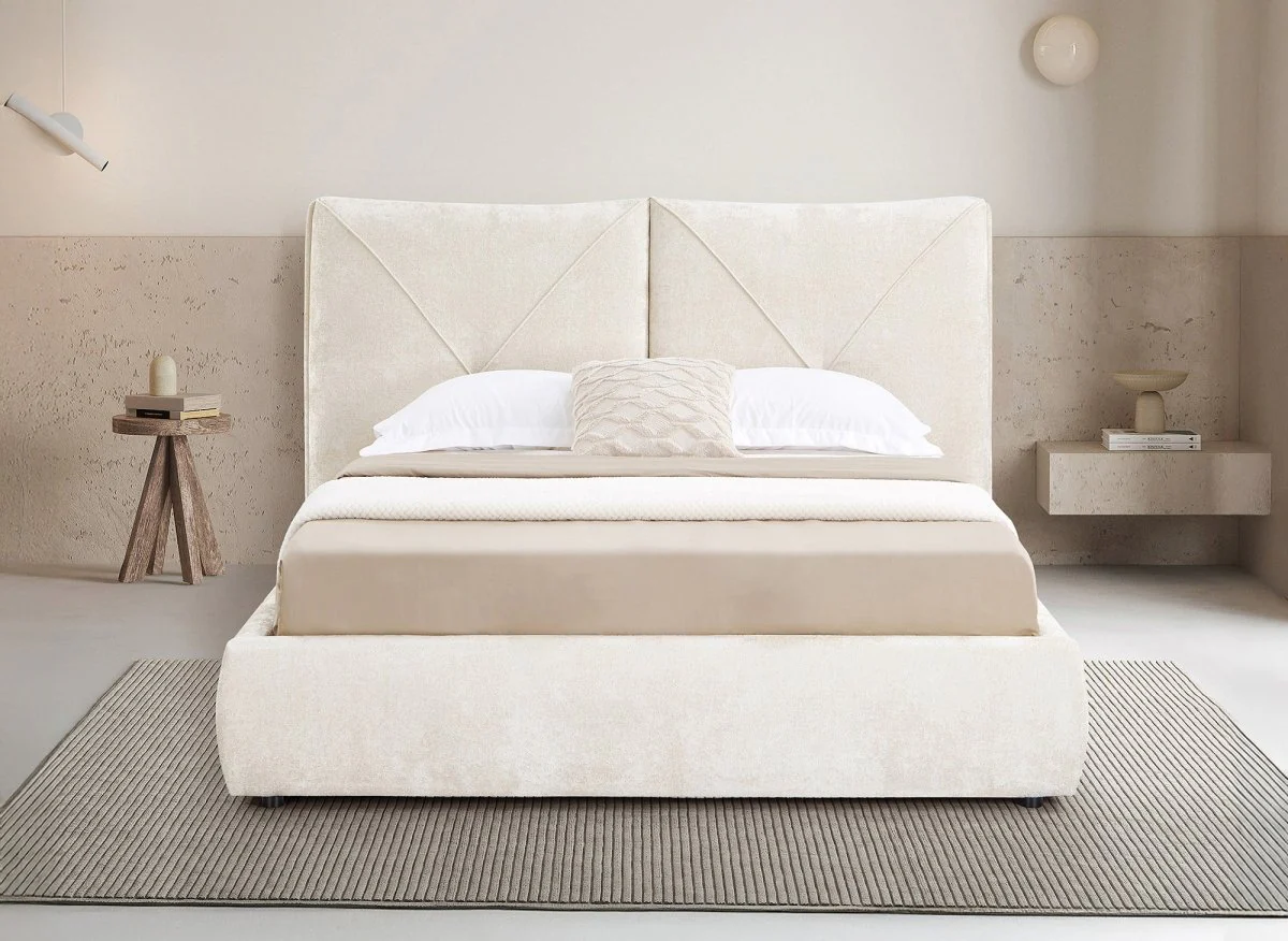 Lit coffre en tissu bouclette doux beige 140x190 cm NOAH - Image 3