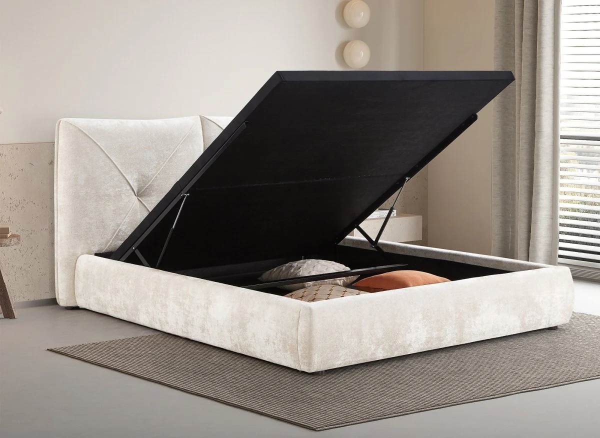 Lit coffre en tissu bouclette doux beige 160x200 cm NOAH - Image 2